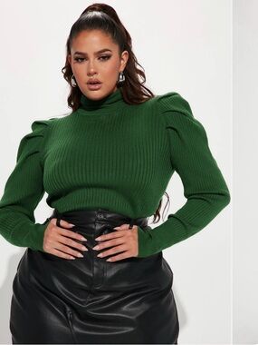 Fashion Nova Ribbed Turtleneck Puff-Sleeve Sweater - Green